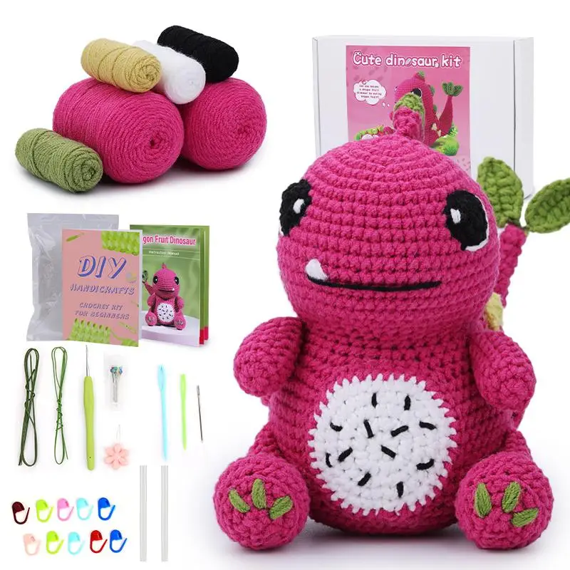 DIY Crochet Kit, 1 Set Dinosaur Crochet Starter Kit with Step-by-step Video Tutorial, Crochet Animal Kit for Beginners, DIY Crochet Supplies