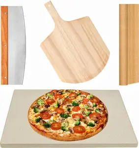 4 PCS Rectangle Pizza Stone Set, 15" Large Pizza Stone for Oven and Grill with Pizza Peel(OAK), Pizza Cutter & 10pcs Cooking Paper for Free, Baking Stone for Pizza, Bread,BBQ
