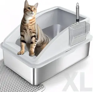 Large Foldable Semi-Closed Cat Litter Box with Lid - Stainless Steel Metal Drawer for Easy Cleaning, Privacy, Odor Control (Gray, Light Blue Options)