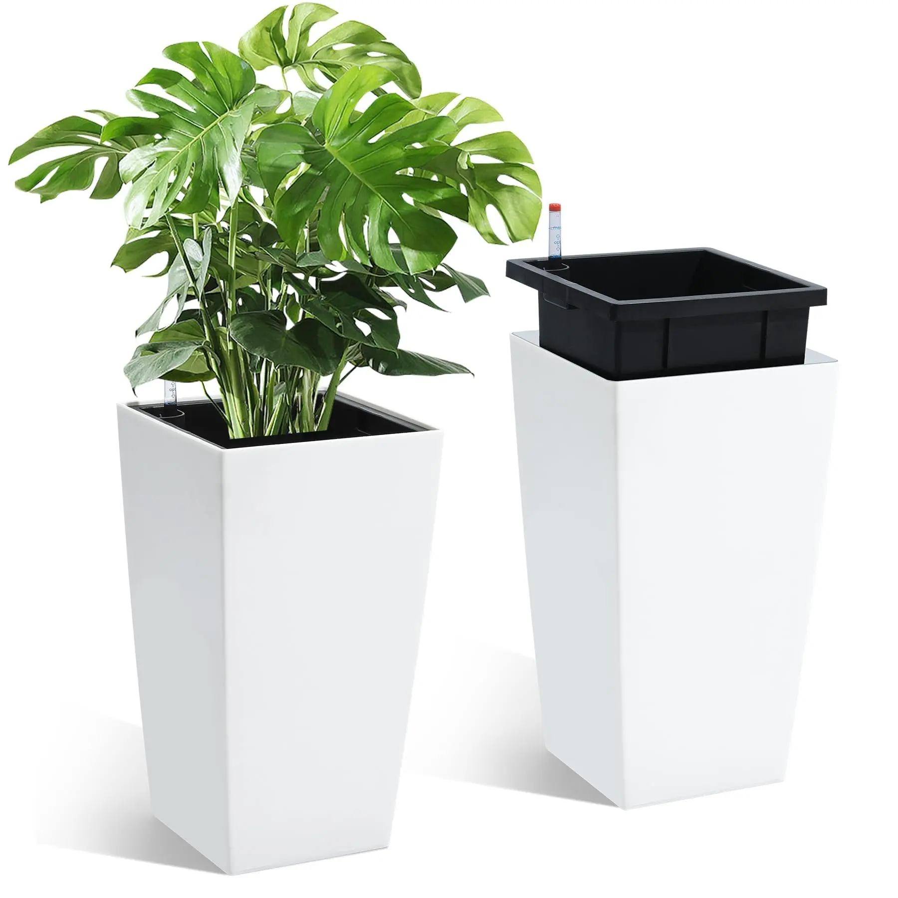 22.5-Inch Tall Self-Watering Planter Pot Set of 2 with Water Level Indicator and Drainage Holes, Indoor and Outdoor Flower Pots with Inner Bucket for Front Porch, White wide rocker chair rattan side table backyard decor silver gray patio furniture