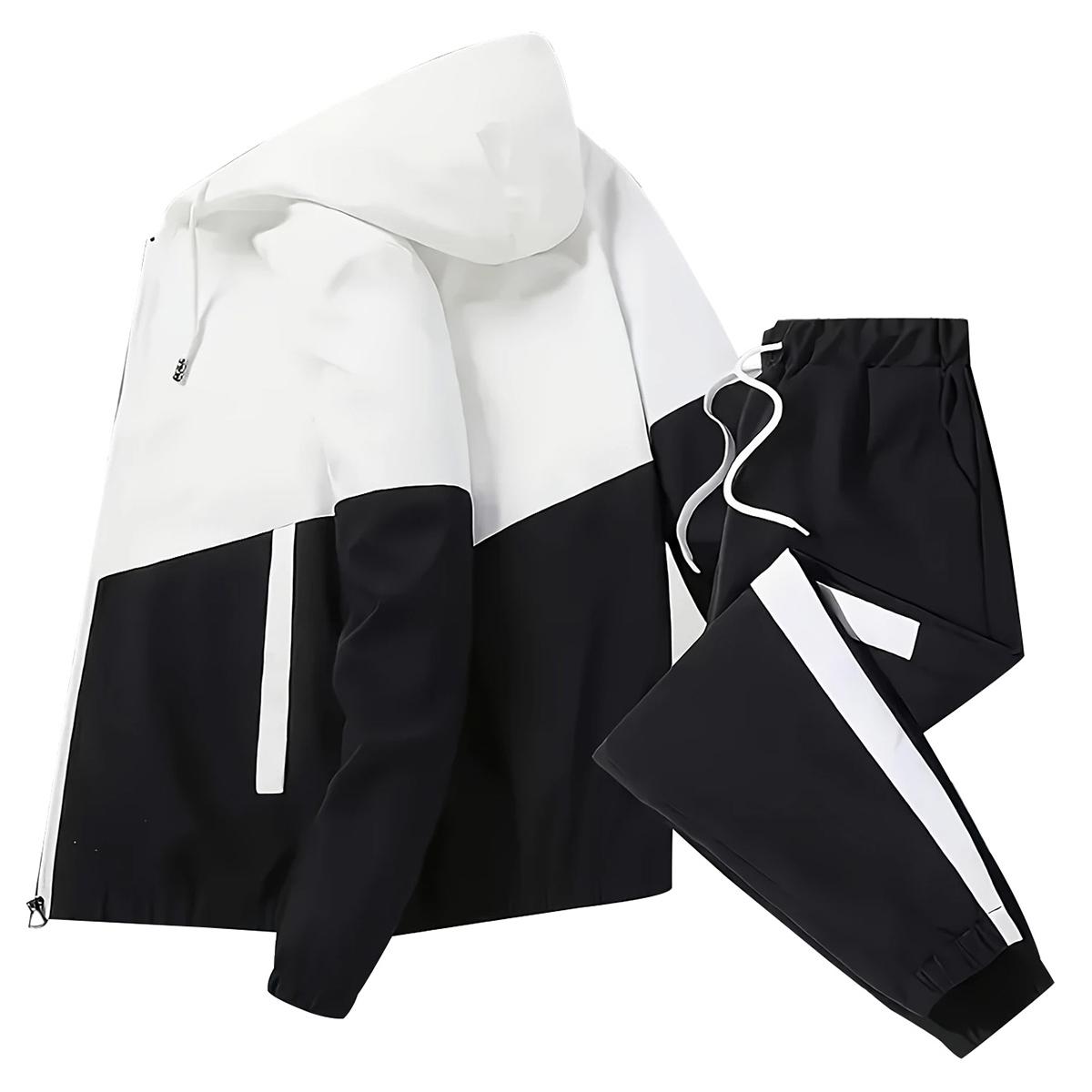 Men's Casual Hooded Jacket and Jogger Pants Set - Colorblock Design, Polyester Fiber, Machine Washable - Ideal for Spring and Autumn, Casual Style, Regular Fit, Spring and Autumn