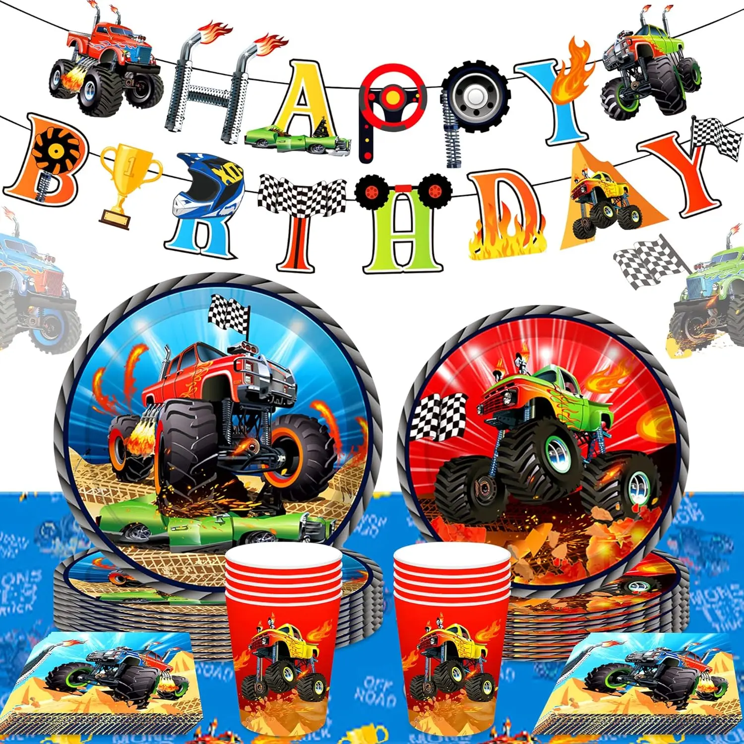 60 PCS Monster Trucks Birthday Decoration Monster Trucks Party Supplies Monster Trucks Party Plates and Napkins Monster Trucks Birthday Banner