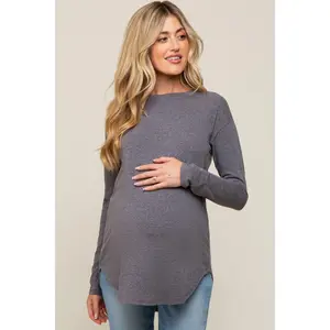 Charcoal Long Sleeve Curved Hem Maternity Top