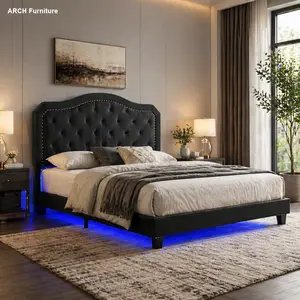 Queen Size Low Profile Bed Frame - Black Soft Velvet Arch Upholstered Curved Design with Button Tufting, Built-in Foam, Strong Wood Slat Support, Easy Setup, LED Light, Indoor Furniture Bed Frame & Headboard