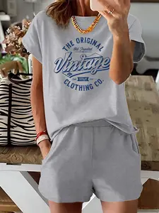 Women's Summer Short Sleeve Set, Vintage Plain Pattern Print Design, Regular Fit Casual, Natural Waist Fitted Shorts & Tee