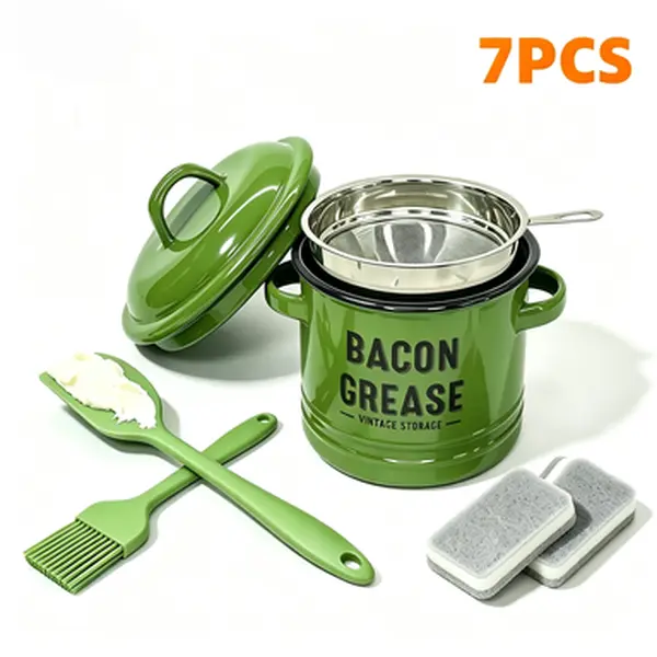 46oz Enamel Bacon Grease Container with Filter Strainer & Lid - 7-Piece Farmhouse Kitchen Oil Keeper Set, Food-Grade Silicone Spatula, Brush & Utensils, Reusable Cooking Fat Storage Dispenser for Home Use