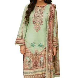 3 pcs Lawn Suit with Lawn Dupatta - Light Green Color with Intricate Patterns and Design