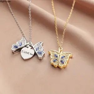 1PC Fashion Classic Openable Butterfly Heart Pendant Necklace "I Love You" Engraved Romantic Proposal Jewelry Gift