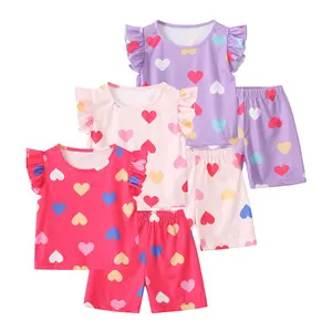 6-Piece Sweet Spring/Summer Set for Girls: Colorful Heart-Print T-Shirt with Flare Sleeves, Elastic Waist Pants, and Skirt-Comfortable and Versatile Summer Outfits for Girls Ages 3–14