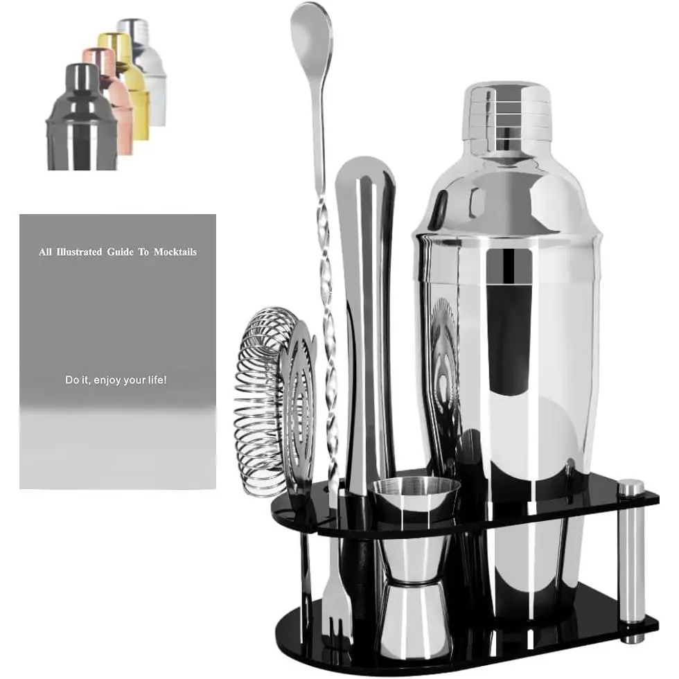 Cocktail Shaker Bartender Kit: 5 Piece Stainless Steel Bar Set, Cocktail Shaker Set with Stand, Drink Mixing Kit Includes Shaker,Strainer,Jigger, Bar Mixer Spoon, Muddler ﻿ (750ml(25oz))