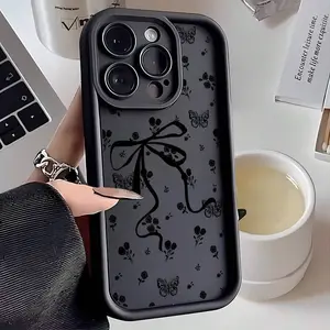 1pc Black Flower & Bow Decor Creative Cute Cartoon Floral Bow Design For Women, Black Lens Frame Stepped Design Full Coverage Anti-Drop Soft Phone Case Compatible With Samsung/Iphone