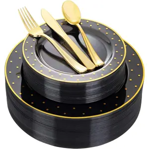 200 count Black and  Plates Black Plastic Disposable Plates for Party Black  Supplies Includes 40 Dinner Plate,40 Dessert Plate,40 Forks,40 ,40 Spoons for Father's Day Party