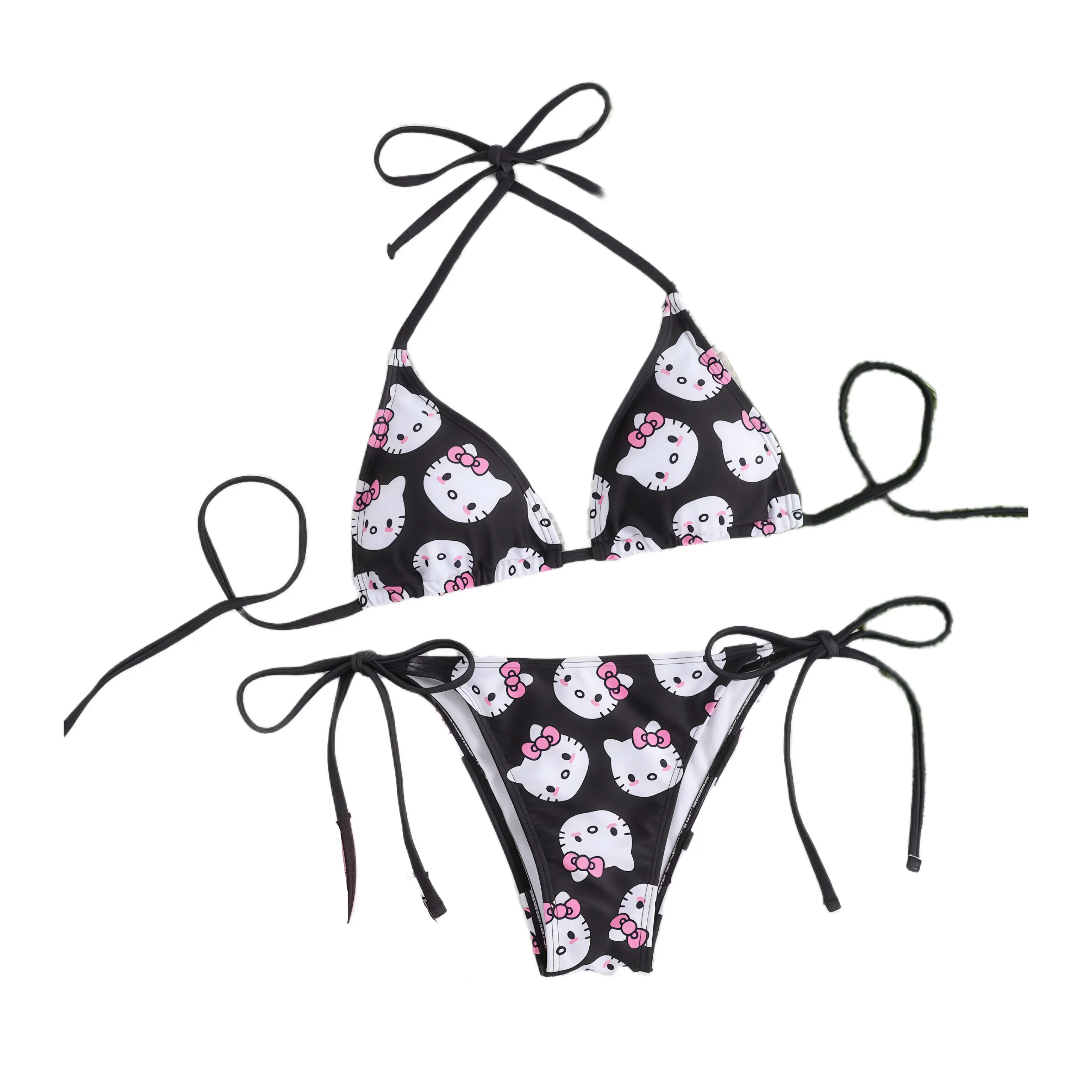 Sanrio Hello Kitty Black Bikini Set Kawaii Cartoon Stretch Swimwear Beach Bathing Suit for Girls & Women