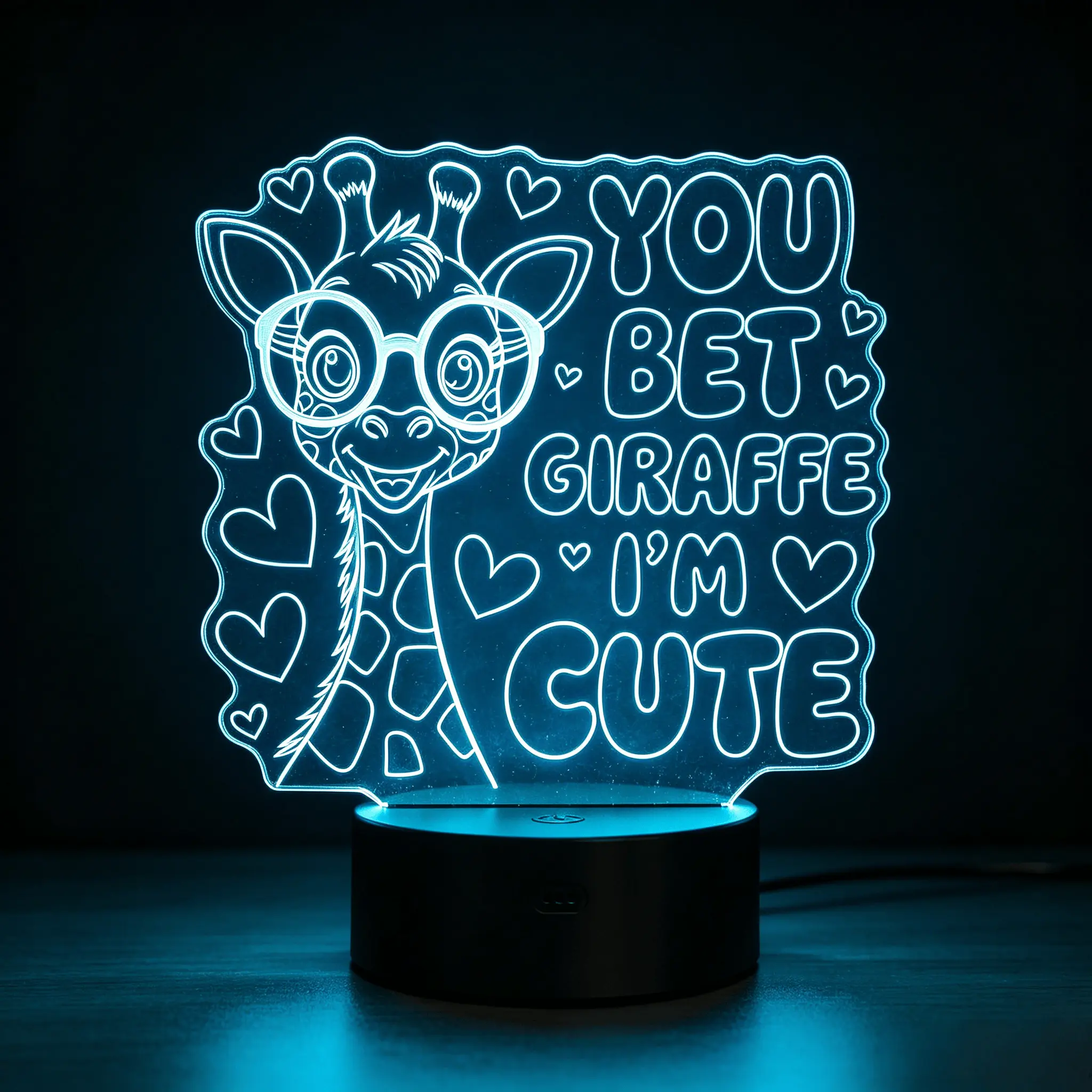 Cartoon Eyeglass-Wearing Giraffe with Heart Pattern Acrylic Night Light, Neon Glow Lovely Animal Themed Decor Lamp for Bedroom, Desk, Living Room Indoor Display Ornament