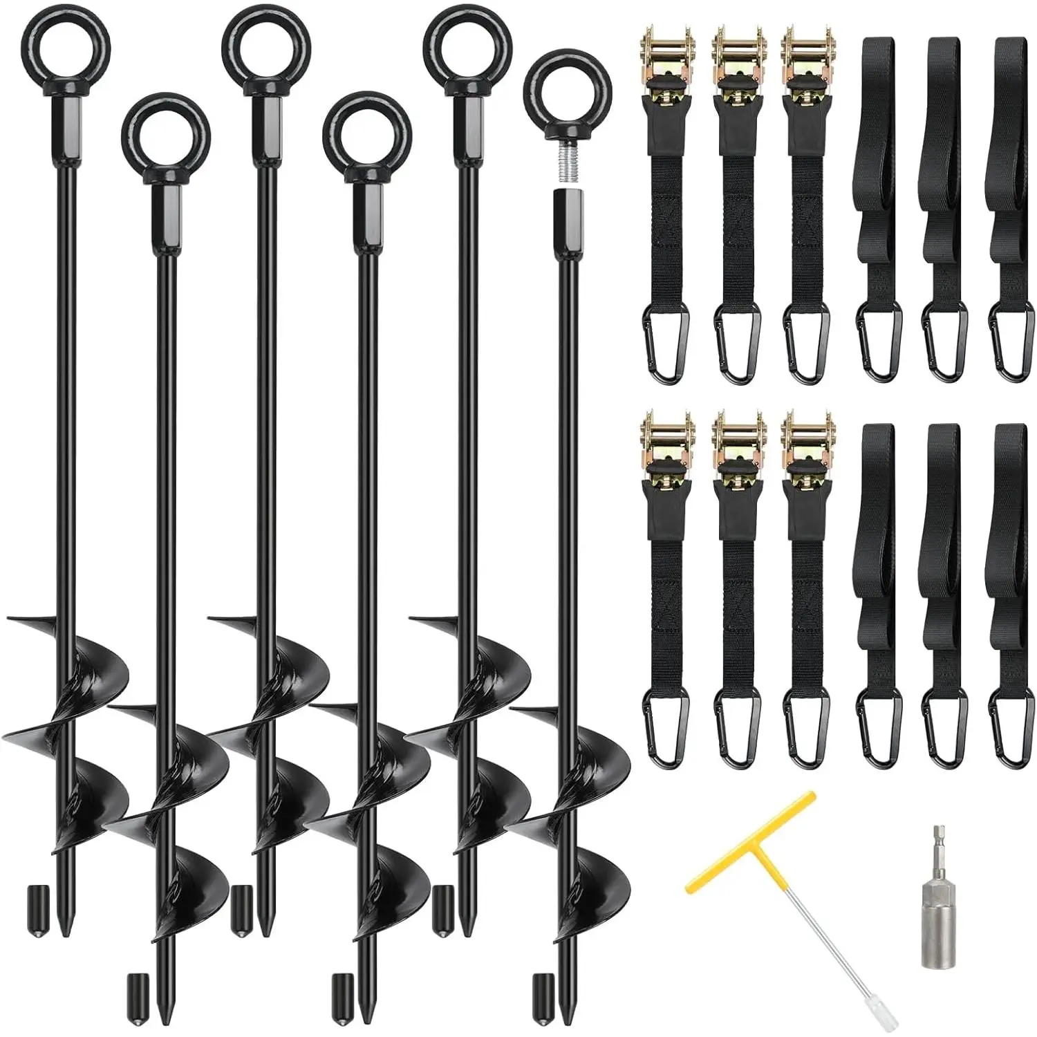 Ground Anchors, 6 Pack 18" RV Awning Tie Down Kit, Screw in Tent Stakes, Trampoline Anchors High Wind Heavy Duty with 6 Ratchet Straps for Campers Carport Sheds Swing Set  Tie Outs Stakes