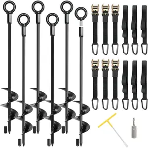 Ground Anchors, 6 Pack 18" RV Awning Tie Down Kit, Screw in Tent Stakes, Trampoline Anchors High Wind Heavy Duty with 6 Ratchet Straps for Campers Carport Sheds Swing Set  Tie Outs Stakes