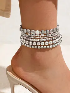 Vintage Punk Beaded Disc Anklet Set, Multi-Piece Braided Rope & Alloy Jewelry Series, Fashionable Jewelry Accessories, Boho Style, Suitable for All Seasons