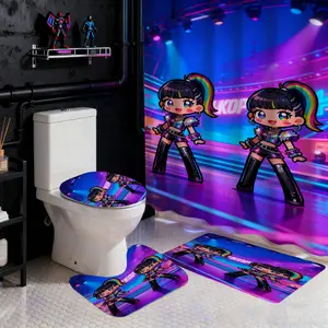 1/4 Pcs cartoon figure KPOP pattern bathroom set with shower curtain and carpet,  bathroom shower curtain set with 12 hooks, including bath mat and U-shaped floor mat, toilet seat oval rug to add a stylish touch to your home decor