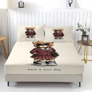 Cute little bear college style printed bed sheet, including 1 bed sheet and 2 pillowcases, anti slip dust cover suitable for bedrooms and guest rooms, suitable for personal use or gift giving