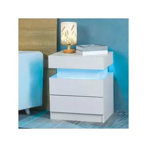 Led Nightstand, Bedside Table Cabinet With Lights High Gloss End Side With 2 Drawers, White Smart Nightstand Flip-Top Hidden Storage Space For Bedroo