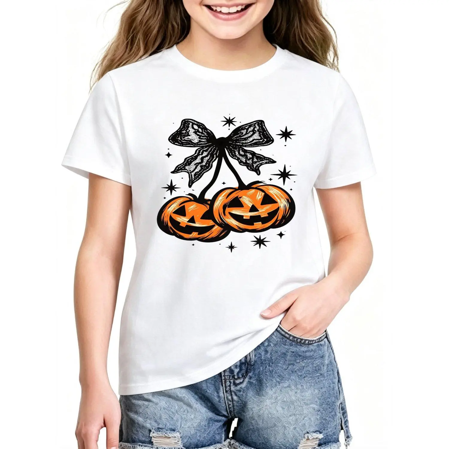 Girls T-Shirts Halloween Casual Stylish T-Shirt with Bow and Pumpkin Print Pattern Trendy Comfortable Apparel for Girls