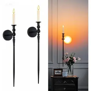 Black Gothic Metal Wall Sconce Set of 2, Large Scepter Design Candle Holders, Home Decor for Living Room Bathroom Dining, Decorative Wall Mounted Fixture, Vintage Style Indoor Lighting Accessory Matte Artwork Decoration Hanging