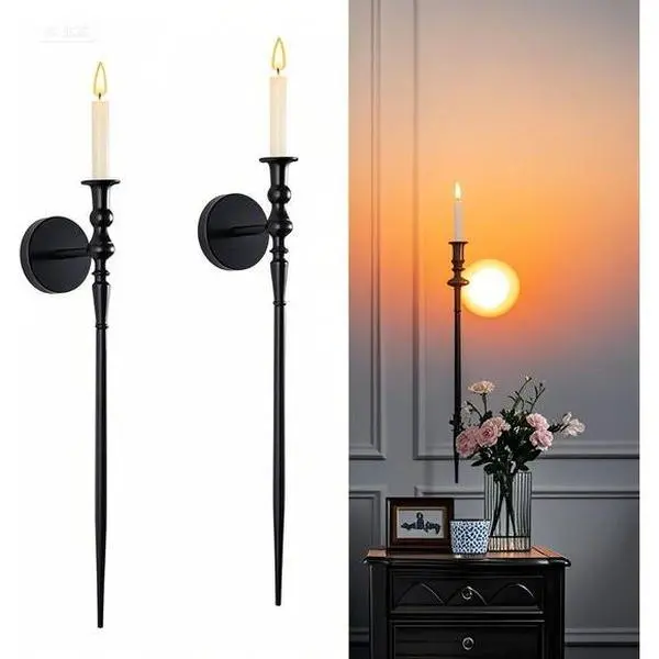 Black Gothic Iron Retro Wall Sconce Set of 2, Large Scepter Design Candle Holders, Vintage Indoor Lighting Fixture, Home Decor for Living Room Wedding, Matte Artwork Wall-Mounted Accessory
