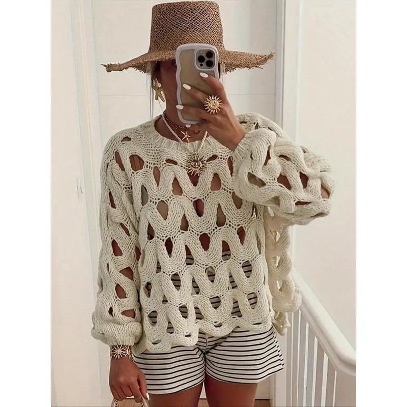 Women's Plain Crochet Hollow Out Sweater, Casual Long Neck Jumper , 2025 Fashion Women's Knitwear for Daily Wear