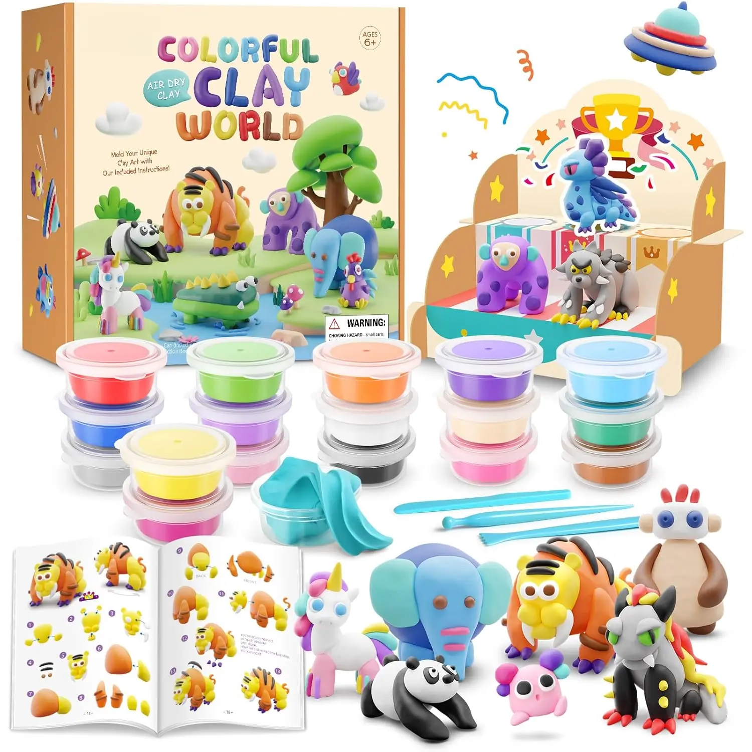 Air Dry Clay Kit for  - Comes with Instructional Guide Featuring 4 Scenes & 26 Projects Tutorials, 18 Cans of Modeling Clay, Includes Display Stand,  for Girls and Boys