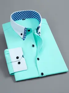 Stylish Classic Style Casual Long Sleeve Collared Button Front Shirt Cs7101 Blue Patchwork Concert Wear, Versatile Fitted Top for All Seasons, Casual Dailywear for Men, Button Down Shirts, Elegant Casual Shirt, Casual Fashion Shirt