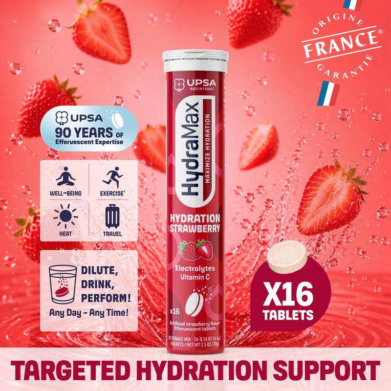 HydraMax Strawberry Effervescent Electrolyte Tablets – Family Hydration for Kids Ages 4+, Caffeine-Free, Low Sugar, Vitamin C, Replenish Electrolytes, No Artificial Colors, Convenient