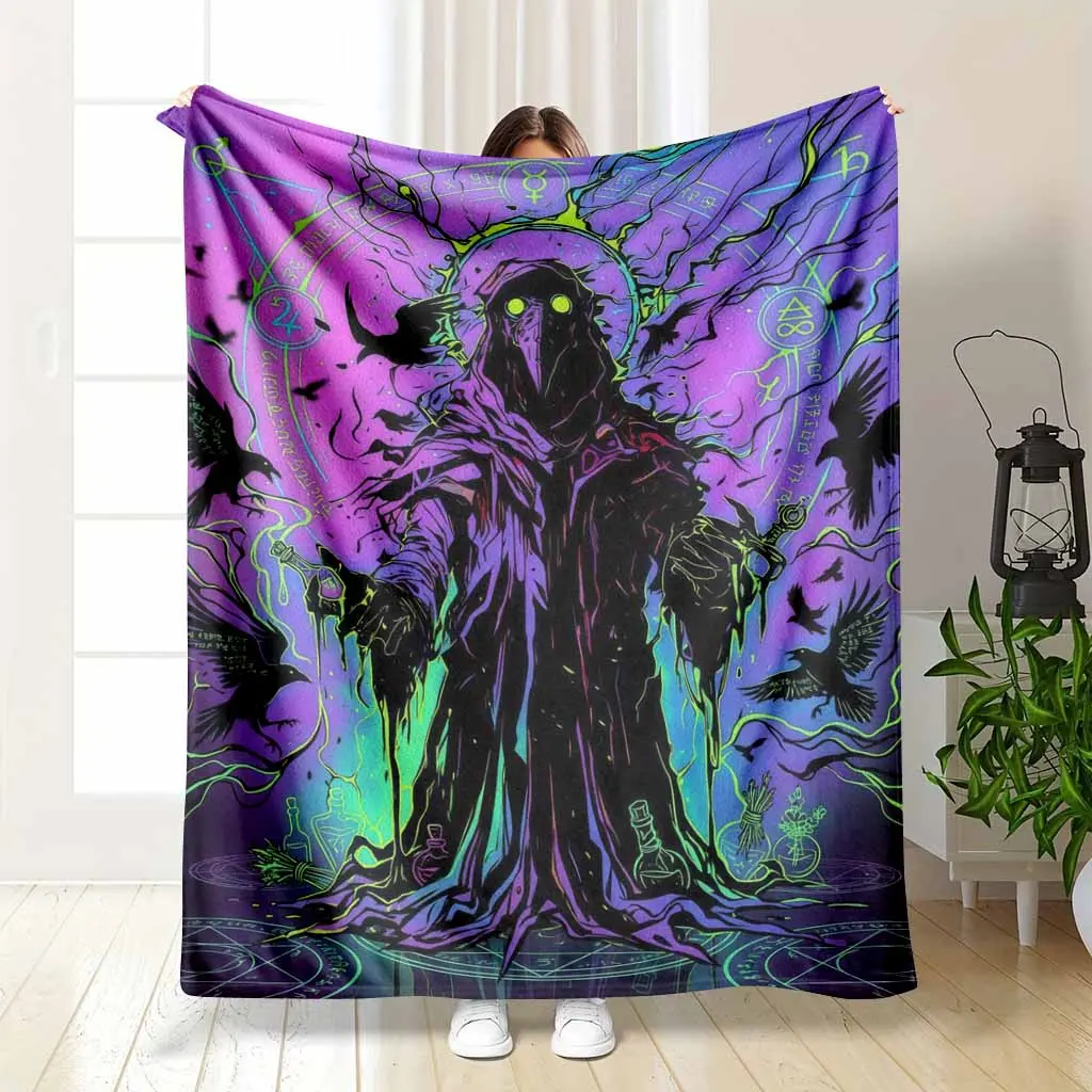 Mystic Plague Doctor Neon Gothic Magic Symbol and Alchemist Raven Print Flannel Blanket Soft Warm Cozy Lightweight Throw Ideal for Sofa Bedroom Office Travel Gift Decor Use