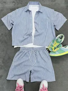 Men's Blue Striped Shirt and Shorts Two-Piece Set, Casual Summer, Loose-Fitting Street Style Clothing Set