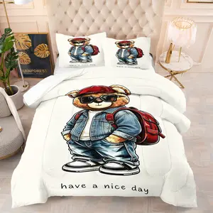 Bear Print Bedding Set, Includes 1 Quilt and 1-2 Pillowcases, Soft Bedroom Decor Gift for Kids or Adults, Cozy Sleep Essentials
