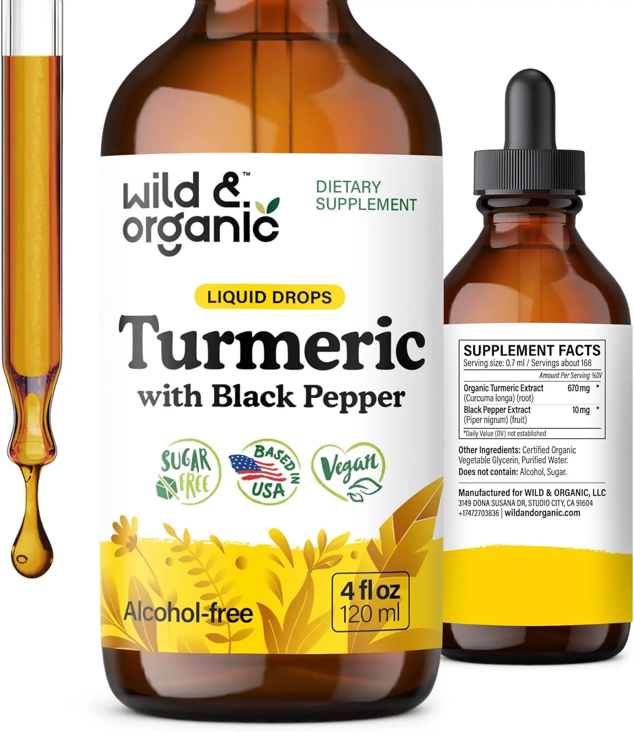 Wild & Organic's Turmeric Supplement Liquid - Joint Support - Turmeric Curcumin with Black Pepper Extract - Curcumin Root Drops - Vegan, Sugar & Alcohol-Free Tincture Fitness