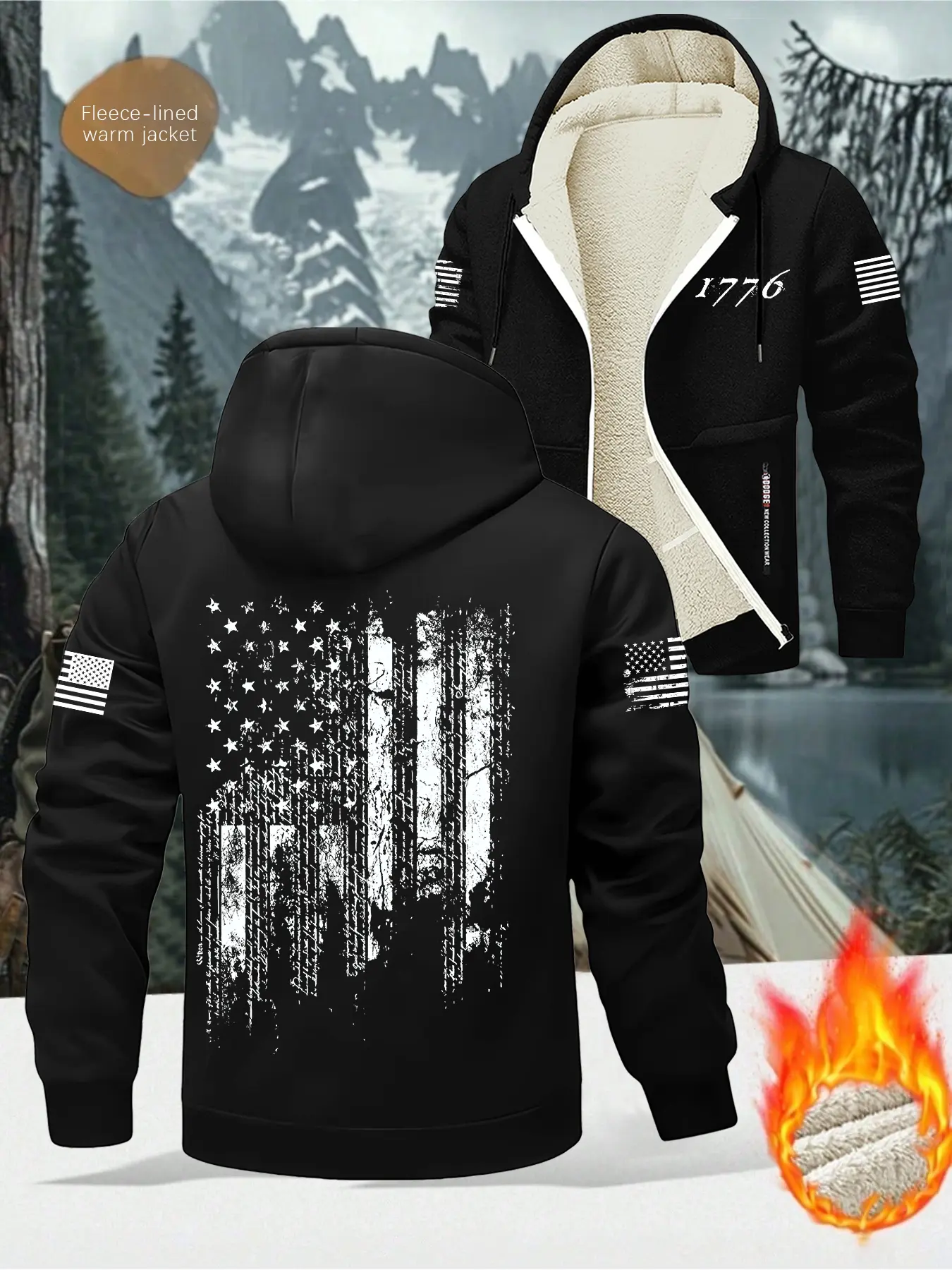 Men's Winter High-Quality Fleece Lined Hoodie Jacket, Casual Hooded Sweatshirt, American Flag 1776 Print, Zipper Pocket Design, Soft Comfortable Warm Inner Layer, Pockets Hoodie