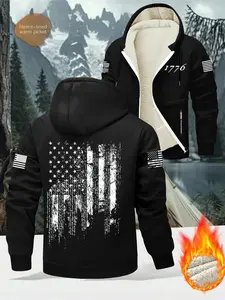 Men's Winter High-Quality Fleece Lined Hoodie Jacket, Casual Hooded Sweatshirt, American Flag 1776 Print, Zipper Pocket Design, Soft Comfortable Warm Inner Layer