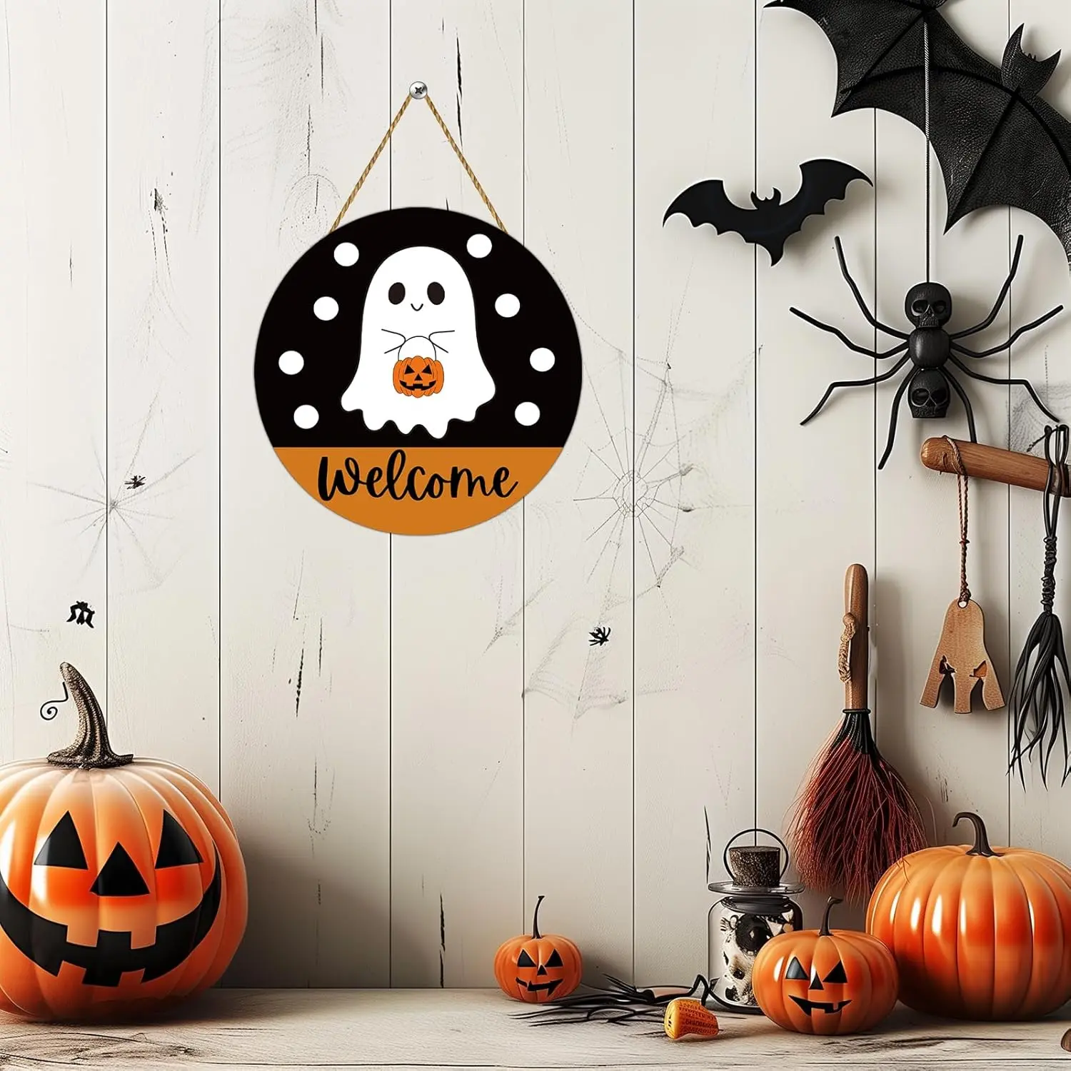 Halloween Decorations Indoor Halloween Wreath Front Door Decorations Cute Ghost Decor Welcome Sign Wooden Wreaths for Front Door Hanger Ghost Hanging Sign for Porch Wall Indoor Home Decorations