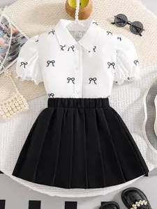 Two-piece Set Girl's Bow Print Button Front Shirt & Pleated Skirt Set, Casual Short Sleeve Top & Skirt for Daily Wear, Kids Summer Clothes Outfits
