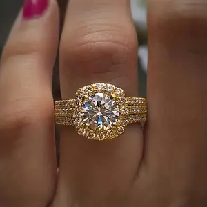 Halo Engagement Ring, 3-Row Pave Band Cubic Zirconia Ring, Round Cut CZ Promise Ring, Silver/Gold Plated, Wedding Band Ring for Women
