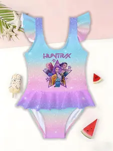 Girls Kpop Series Jumpsuit Swimsuit, Gradient Glitter Girl Group Cute Pet Print Ruffle Sleeveless Swimwear, Summer Beach Casual Outdoor