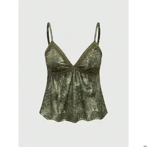 Hem Lace Floral Summer ROMWE Hippie Women Print Splice Ruffle Camisole Top
