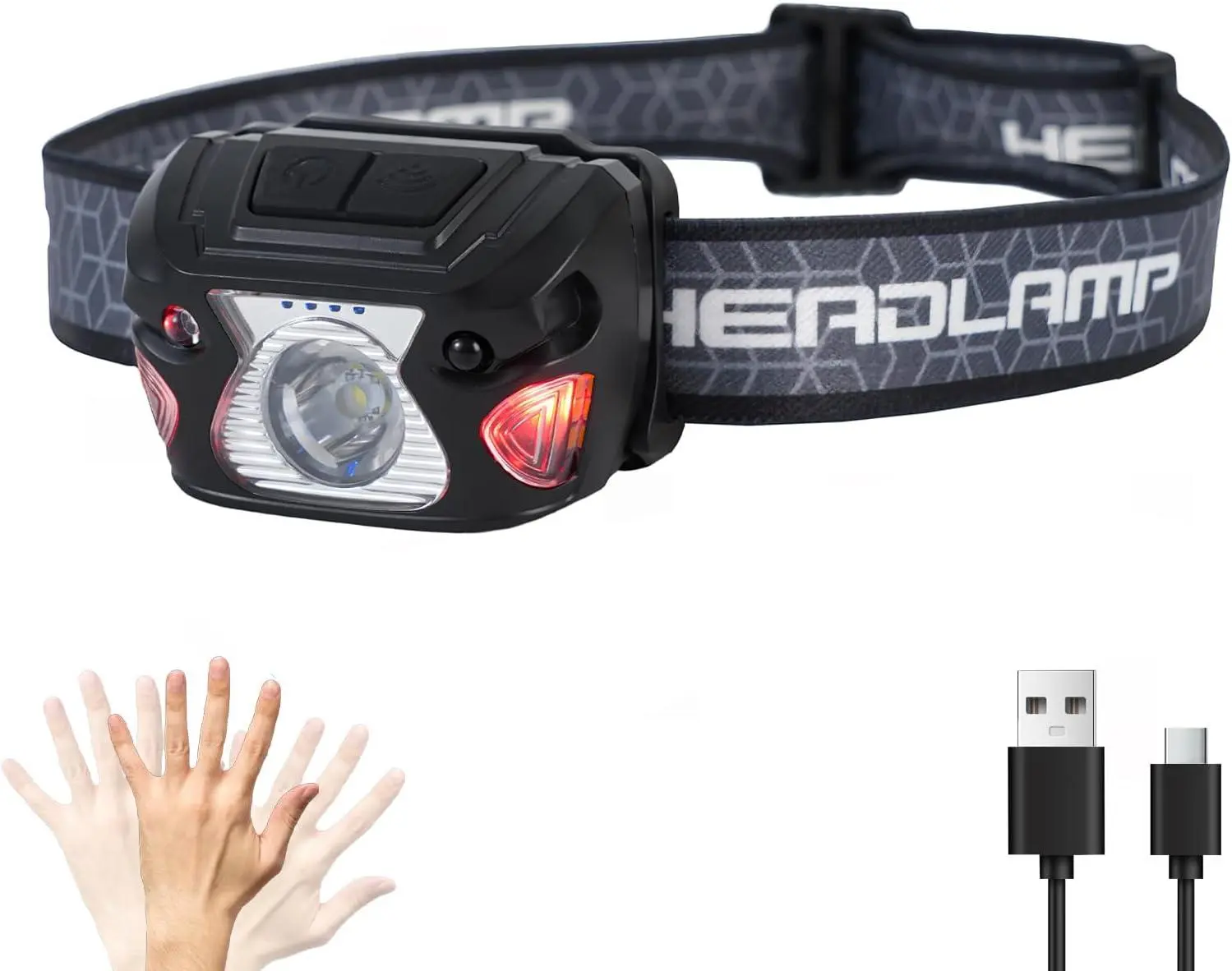 Unisex Compact Type-C Rechargeable Headband Head Lamp for Camping, Fishing, Running, 1000+ Lumens Portable LED Light with 45° aim control, 6 lighting modes, 1000mAh Battery, Sealed Shell, IPX5 Waterproof, 12-Hour Runtime, Adjustable Headband, Hiking Gear