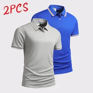 2PCS - Men's Summer Short Sleeve Polo Shirt Fashion Color Block Striped Sports Polo Classic Buttoned Turn-Down Collar Top Outdoor Casual Comfortable And Breathable Short Sleeve Shirt