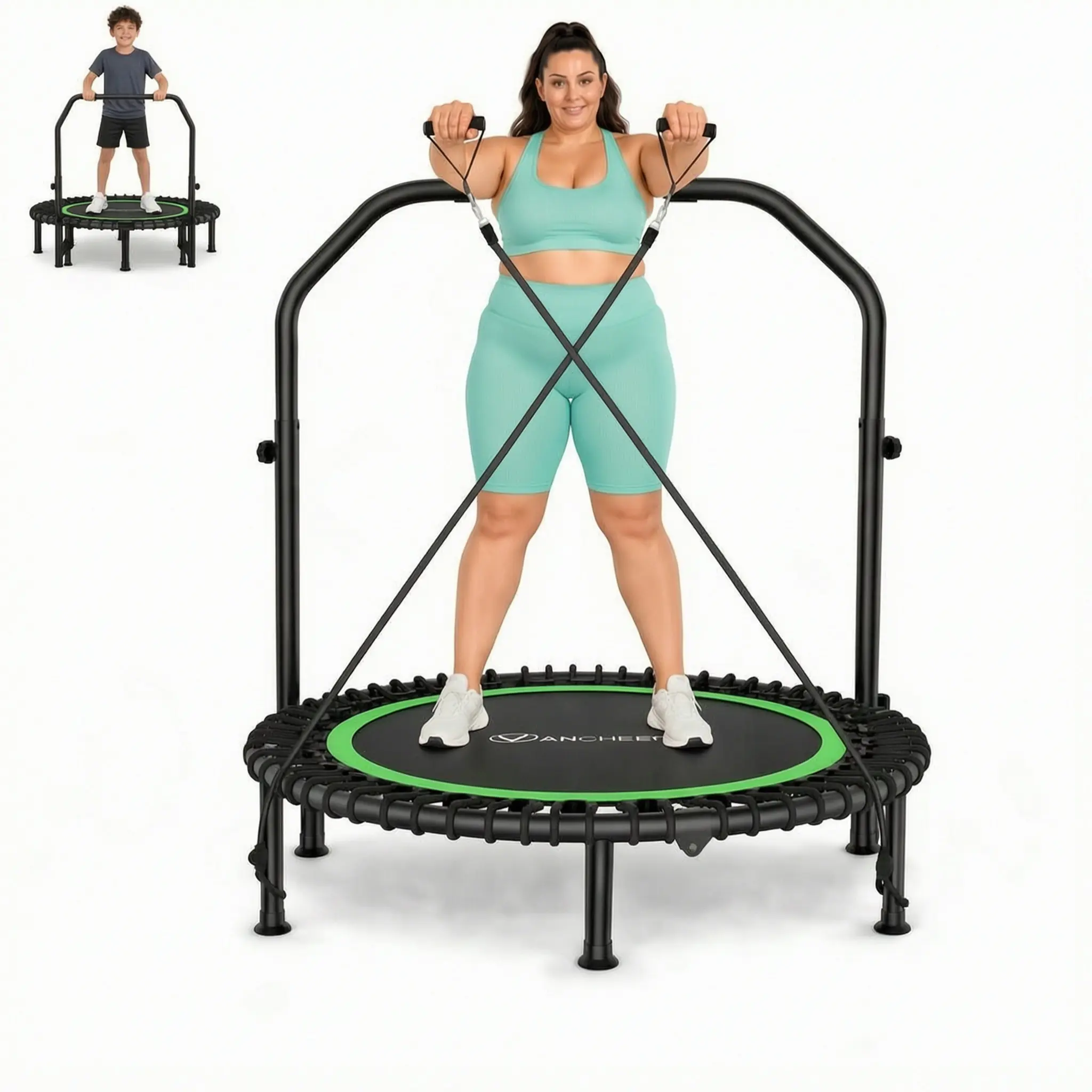 ANCHEER Foldable Round Rebounder Trampoline (40"/48"), 570lbs/620lbs Max Load Height Adjustable Indoor Fitness Trampoline with 4-Level Foam Handle, Resistance Bands for Home, Gym, Foldable Round Trampoline,SummerWins