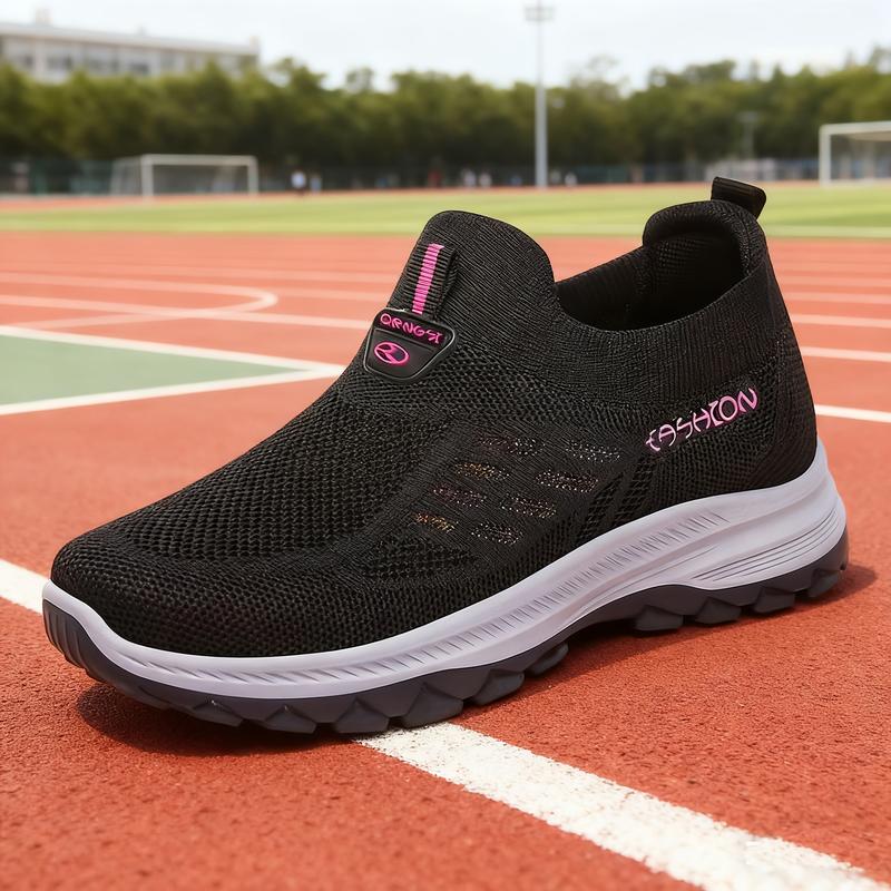Women's Black Mesh Slip-On Sports Sneakers |   Neon Pink Accent Breathable Knit Upper Textured Non-Slip Sole Lightweight Daily/Outdoor Comfort Running Shoes