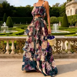 Women's New Floral Two Piece Set - Ruffle Camisole Top & Tiered Cake Skirt