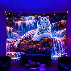 White Tiger Waterfall Scene Fluorescent Tapestry Fashion Home Decoration, Dream Aesthetic Style, Lightweight Materials, Perfect Home Atmosphere
