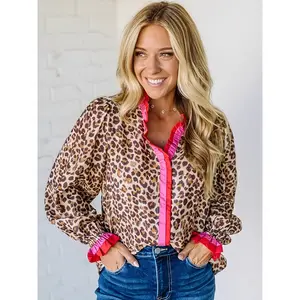 Elegant plaid leopard print V-neck women's long sleeved shirt, loose casual shirt, Spring and Autumn new fashionRAIMENTRY