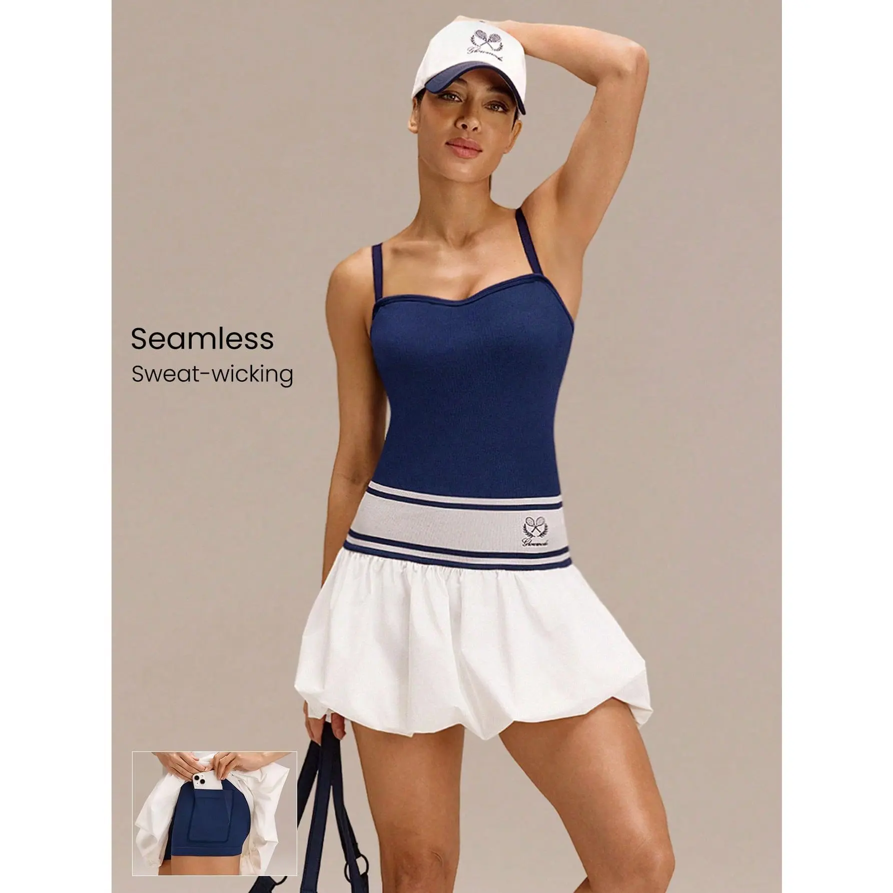 GLOWMODE UltraFine Soft Seamless Swing & Glow Breathable Sweat-Wicking Removable Cups Adjustable Straps Built-In Shorts Sweetheart Neckline Low-Rise Waist Bubble Skirt Dress Tennis Golf Pickleball Daily Casual Wear